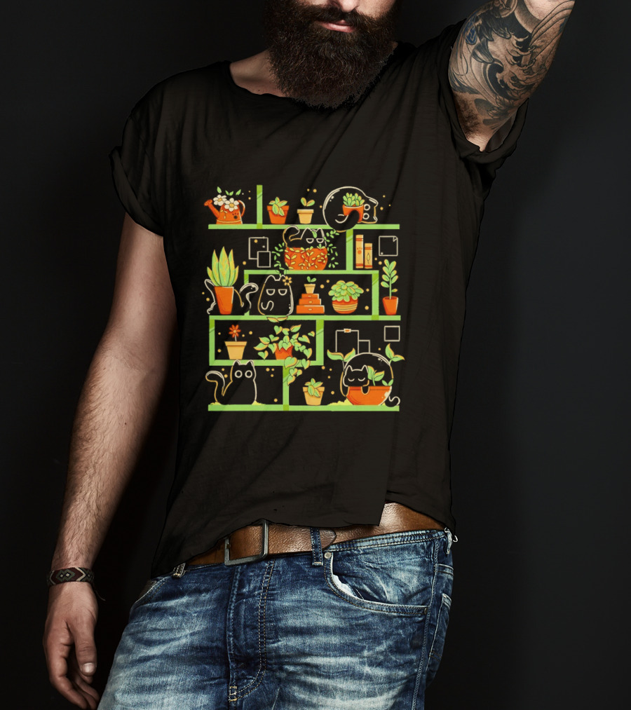 Kitten Garden Shelving With Plants And Teapots T-Shirt