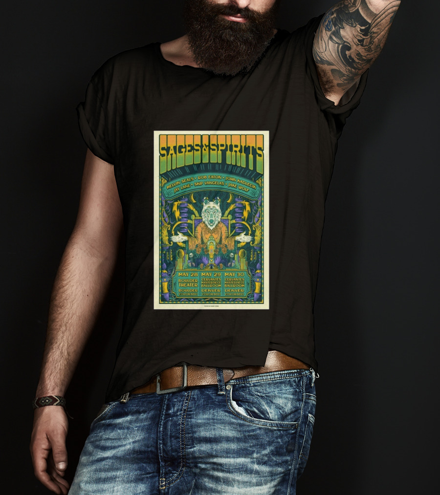 Sages And Spirits May 29 2026 Cervantes Masterpiece Ballroom Denver Colorado Melvin Seals Rob Eaton John Kadlecik Jay Lane Skip Vangelas Jake Wolf T-Shirt