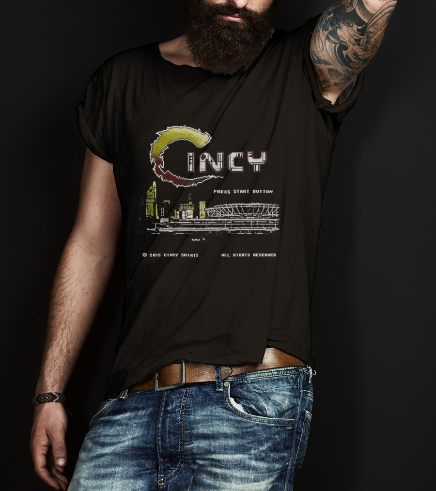 Cincy Press Start Button Pixel Game Cincinnati Reds Skyline T-Shirt