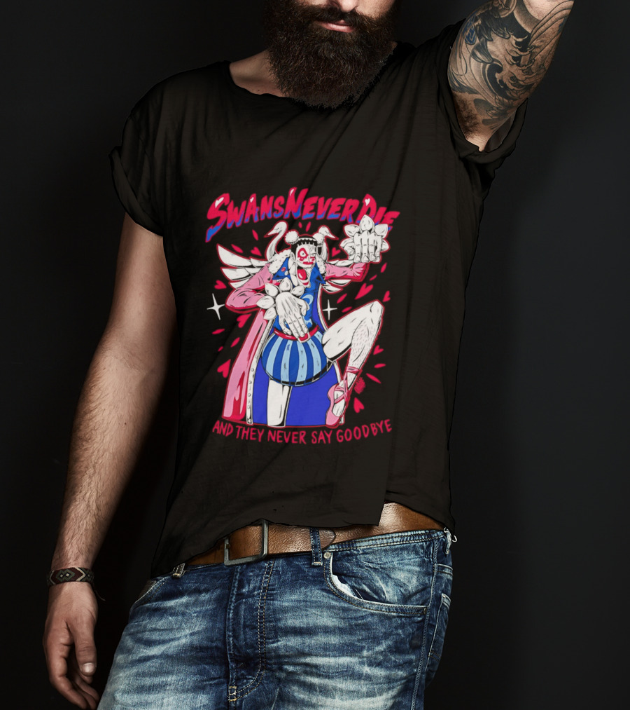 Swans Never Die And They Never Say Goodbye Winged Character Blue Striped Outfit T-Shirt