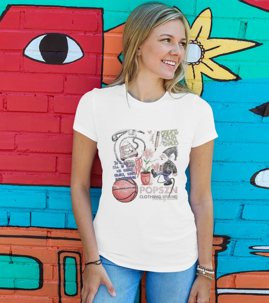 Popszn Create Your Chaos Basketball Gnome And Vintage Phone With Heart Flower T-Shirt