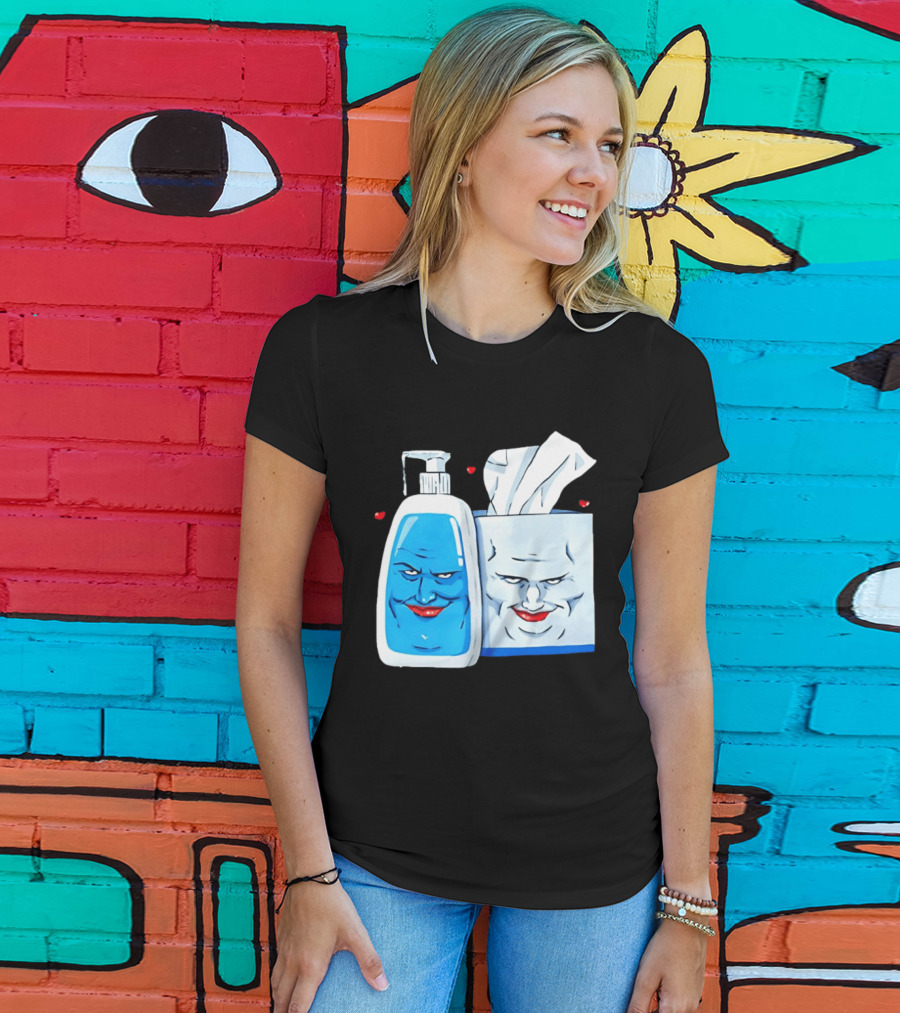 Smiling Blue Lotion Bottle And Tissue Box Meme With Red Lips And Hearts T-Shirt