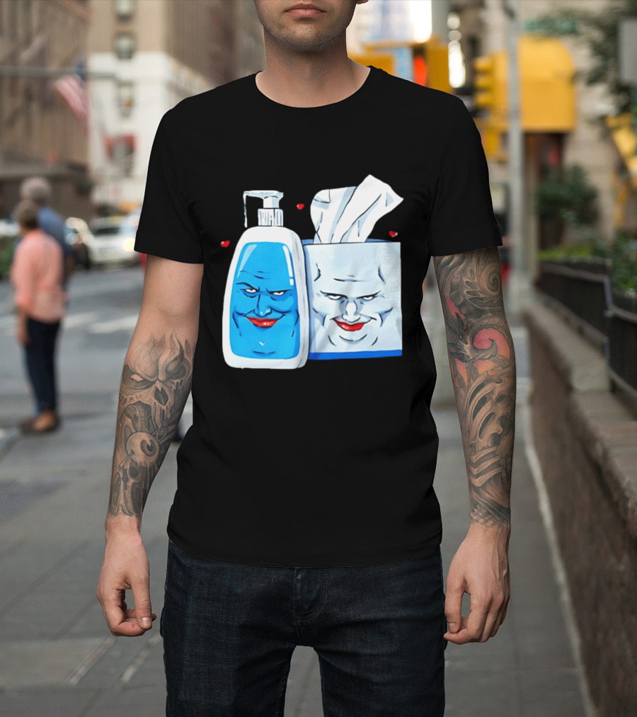 Smiling Blue Lotion Bottle And Tissue Box Meme With Red Lips And Hearts T-Shirt