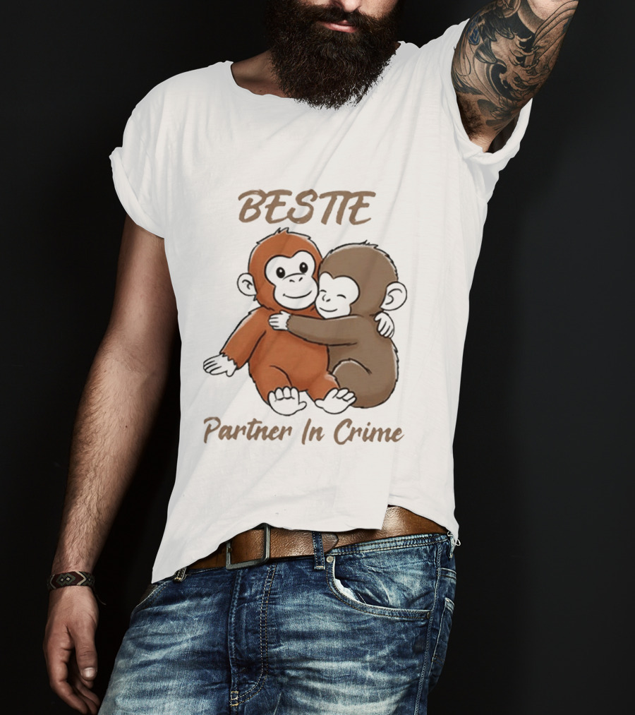 Bestie Partner In Crime Cute Monkey Hug Friendship T-Shirt