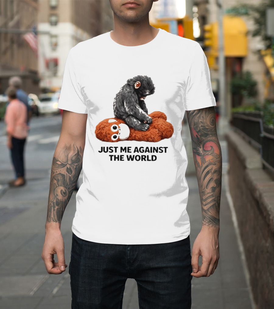 JUST ME AGAINST THE WORLD Gorilla Plush Toy Sitting On Panda T-Shirt
