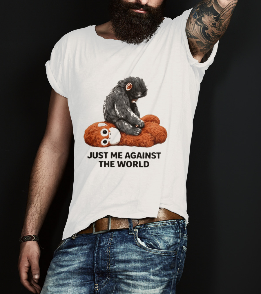 JUST ME AGAINST THE WORLD Gorilla Plush Toy Sitting On Panda T-Shirt