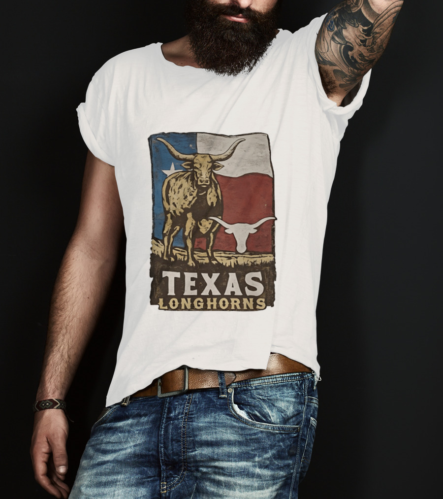 Texas Longhorns Flag Vintage Style Cow T-Shirt