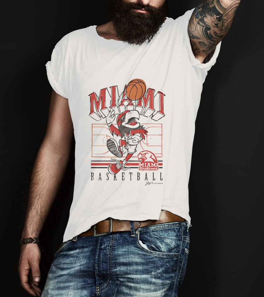 Miami RedHawks Basketball Court Happy Swoop Dunking Bird T-Shirt