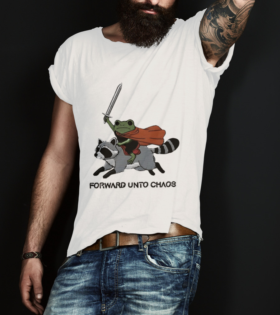 Embroidered Sword Wielding Frog Riding Raccoon Forward Unto Chaos T-Shirt