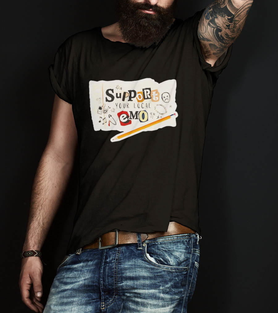 Support Your Local Emo Cutout Style With Pencil And Emojis T-Shirt