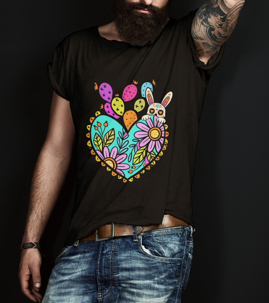Easter Day Rabbit Holding Heart Sagrado Corazon Floral Bunny Balloons T-Shirt