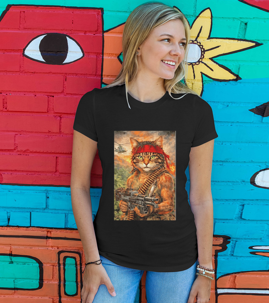 Rambo Cat With MG 3 Gun On Battlefield With Helicopter And Jungle Backdrop T-Shirt