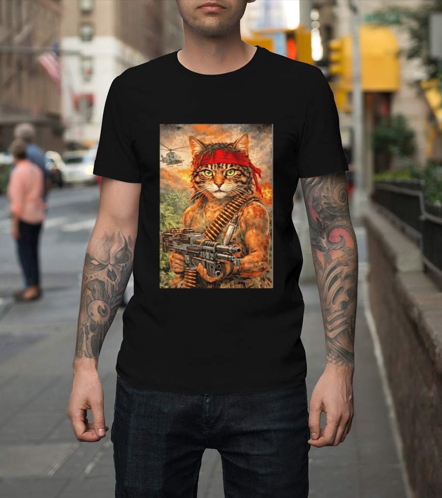 Rambo Cat With MG 3 Gun On Battlefield With Helicopter And Jungle Backdrop T-Shirt