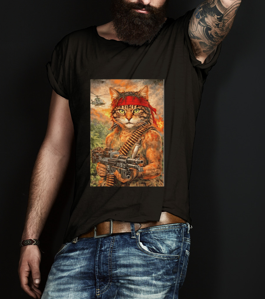 Rambo Cat With MG 3 Gun On Battlefield With Helicopter And Jungle Backdrop T-Shirt
