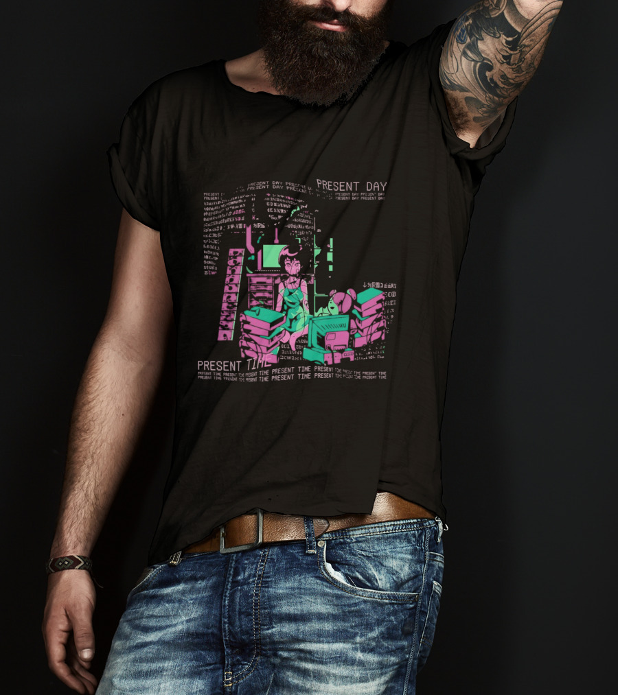 Connect To The Wired Present Day Present Time Retro Tech Aesthetic Stack Of Devices T-Shirt