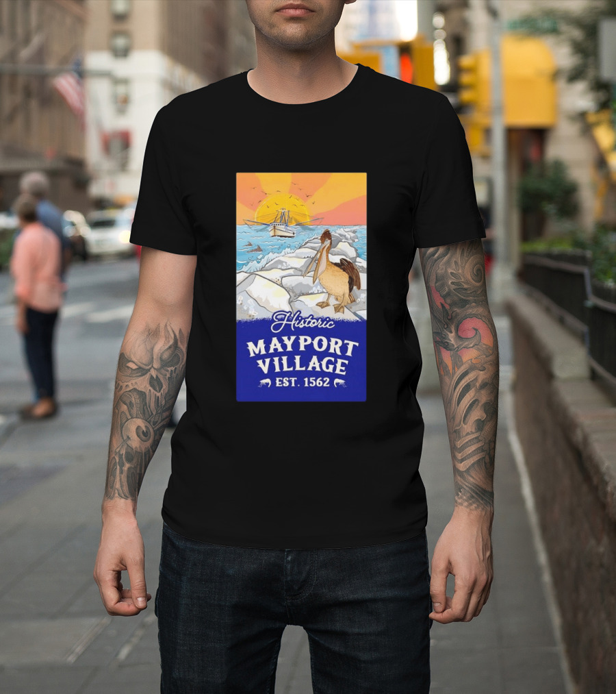 Historic Mayport Village EST 1562 Ocean Sunrise Pelican And Fishing Boat T-Shirt