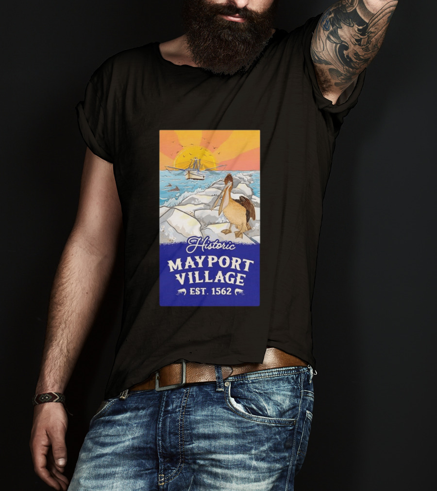 Historic Mayport Village EST 1562 Ocean Sunrise Pelican And Fishing Boat T-Shirt