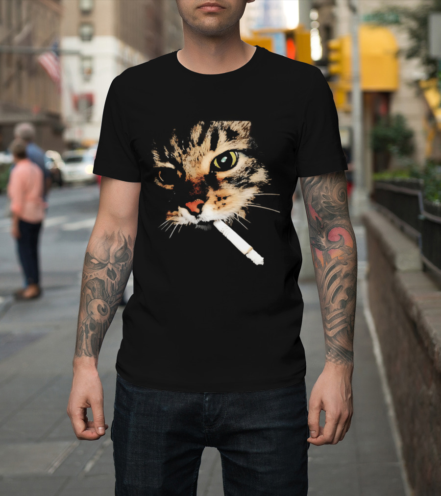 Cat Smoking Big Head Meme Artfully Distorted Feline Expression T-Shirt