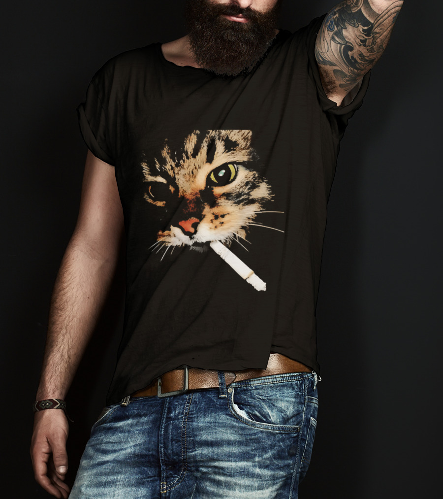 Cat Smoking Big Head Meme Artfully Distorted Feline Expression T-Shirt