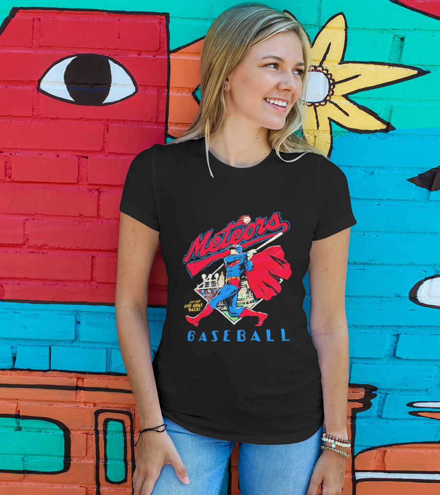 Meteors Baseball Superhero Swinging Bat Power City Stadium Iconic Comic T-Shirt