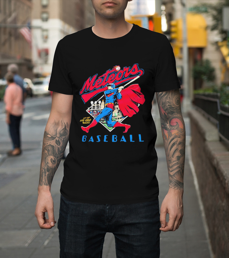 Meteors Baseball Superhero Swinging Bat Power City Stadium Iconic Comic T-Shirt
