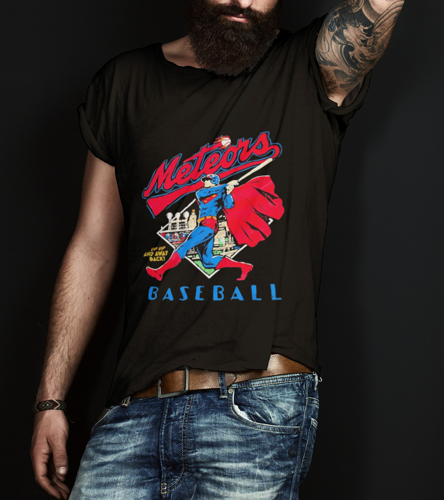 Meteors Baseball Superhero Swinging Bat Power City Stadium Iconic Comic T-Shirt