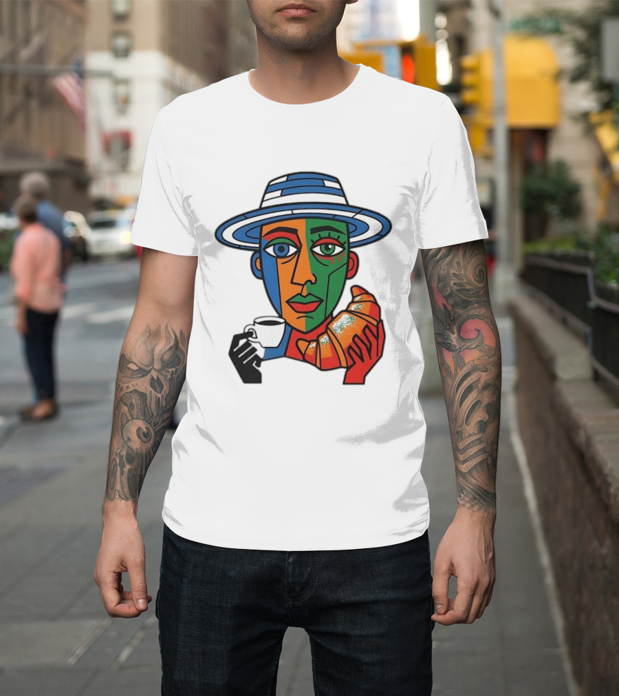 Cubist Coffee Drinker With Hat And Croissant T-Shirt