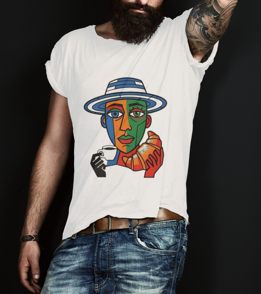 Cubist Coffee Drinker With Hat And Croissant T-Shirt