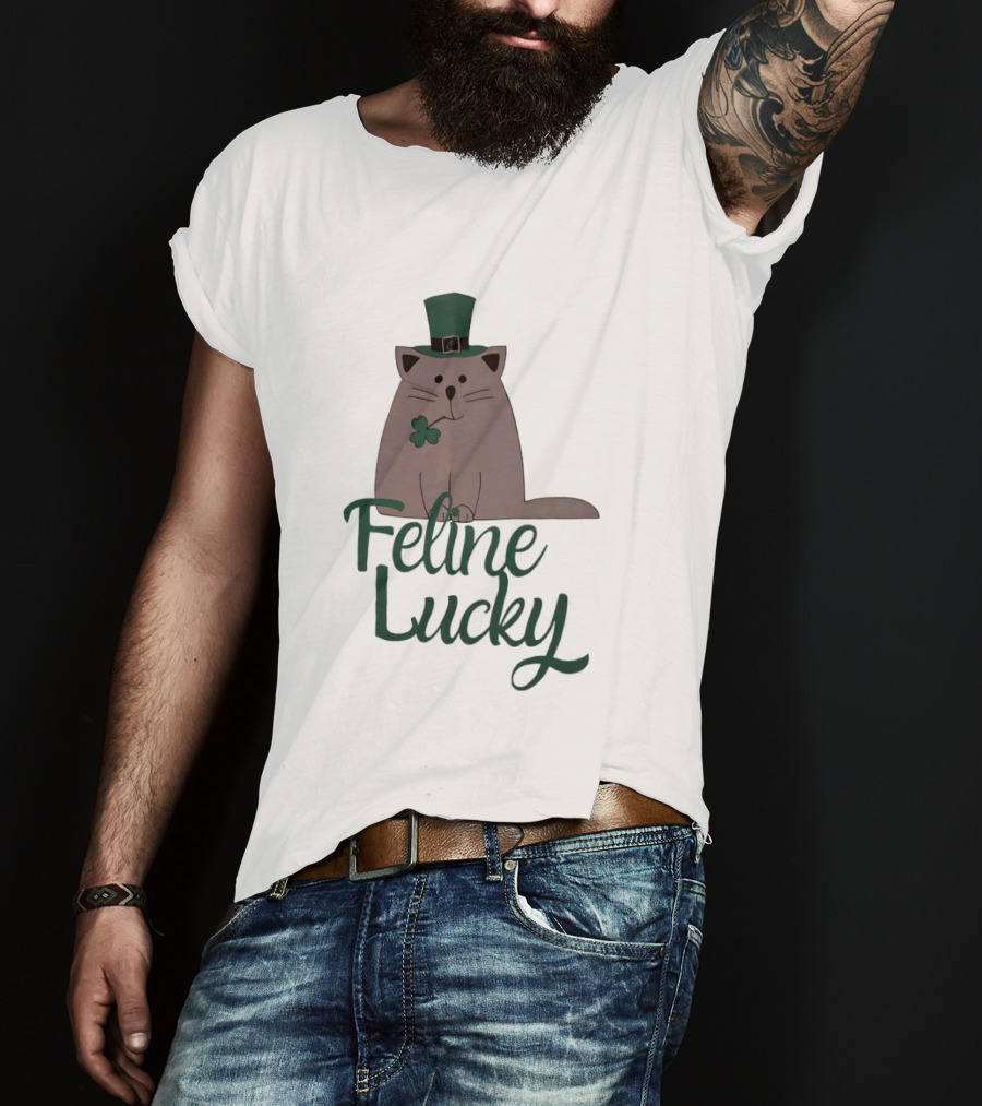 St Patrick's Day Feline Lucky Cat With Shamrock Hat T-Shirt