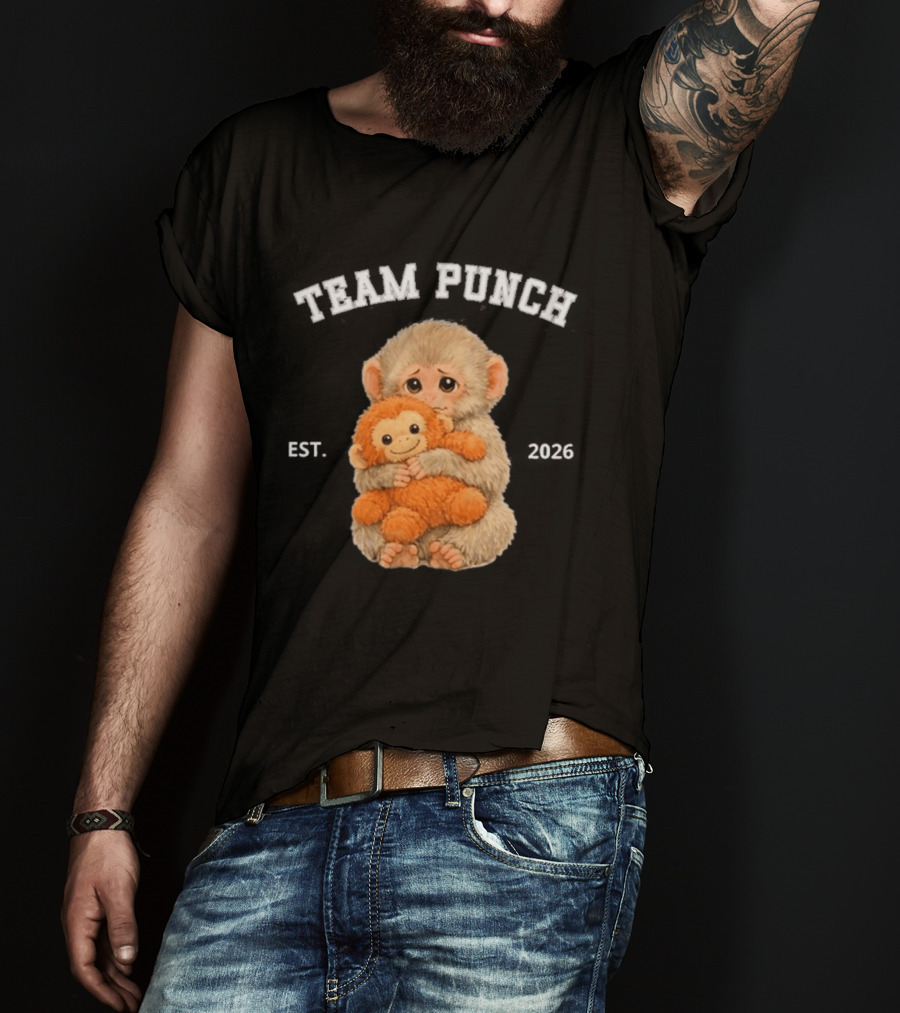 Team Punch Monkey EST 2026 Cute Baby Monkey Holding Plush Toy T-Shirt