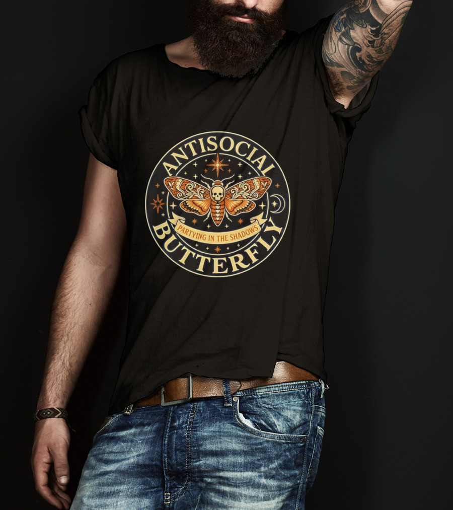 Antisocial Butterfly Skull Moth Dark Cosmic Partying In The Shadows T-Shirt