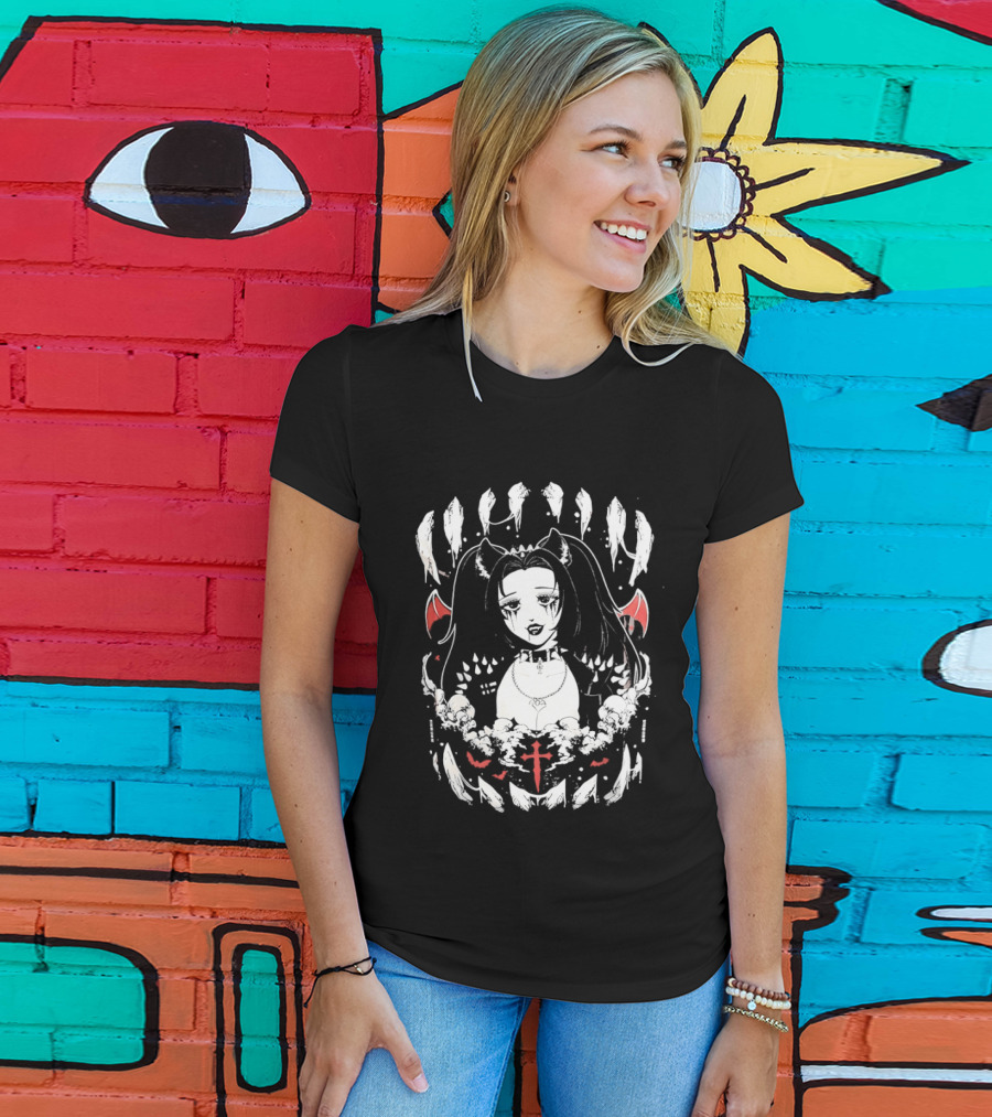 Emo Gothic Girl Bat Wings Cross And Skull Elements Dark Aesthetic T-Shirt