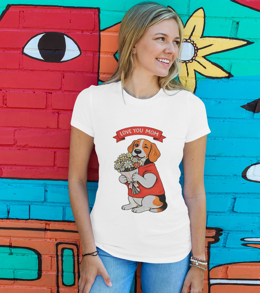 Love You Mom Beagle Holding Flowers Bouquet T-Shirt