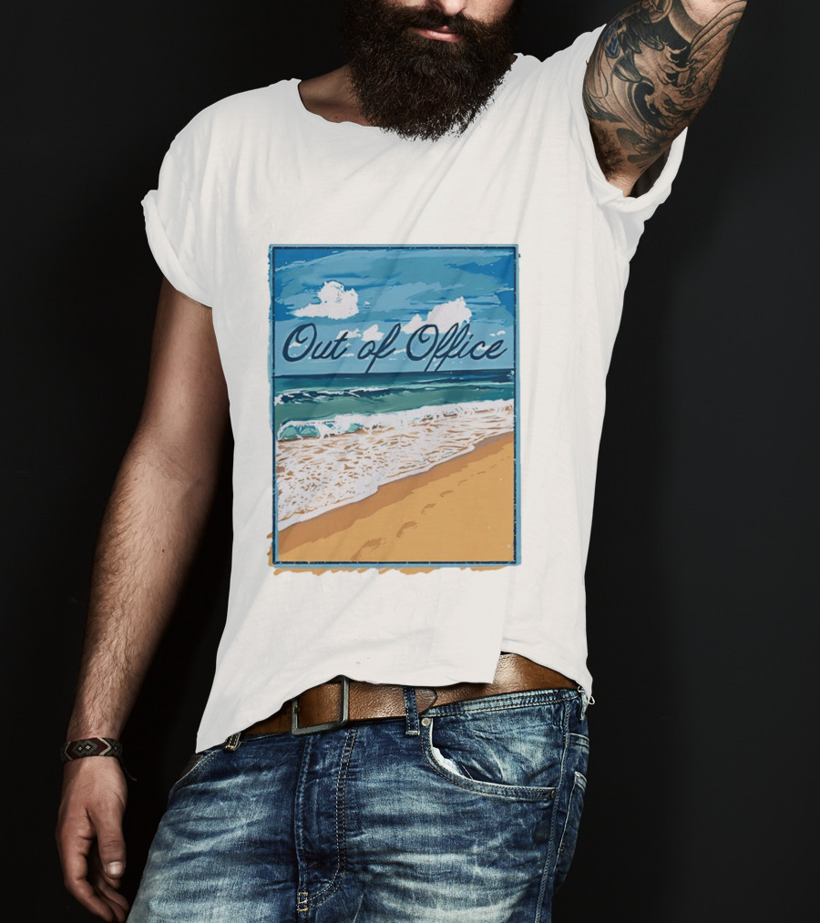 Out Of Office Beach Painting Photo 2025 Blue Sky Ocean Waves Sand T-Shirt