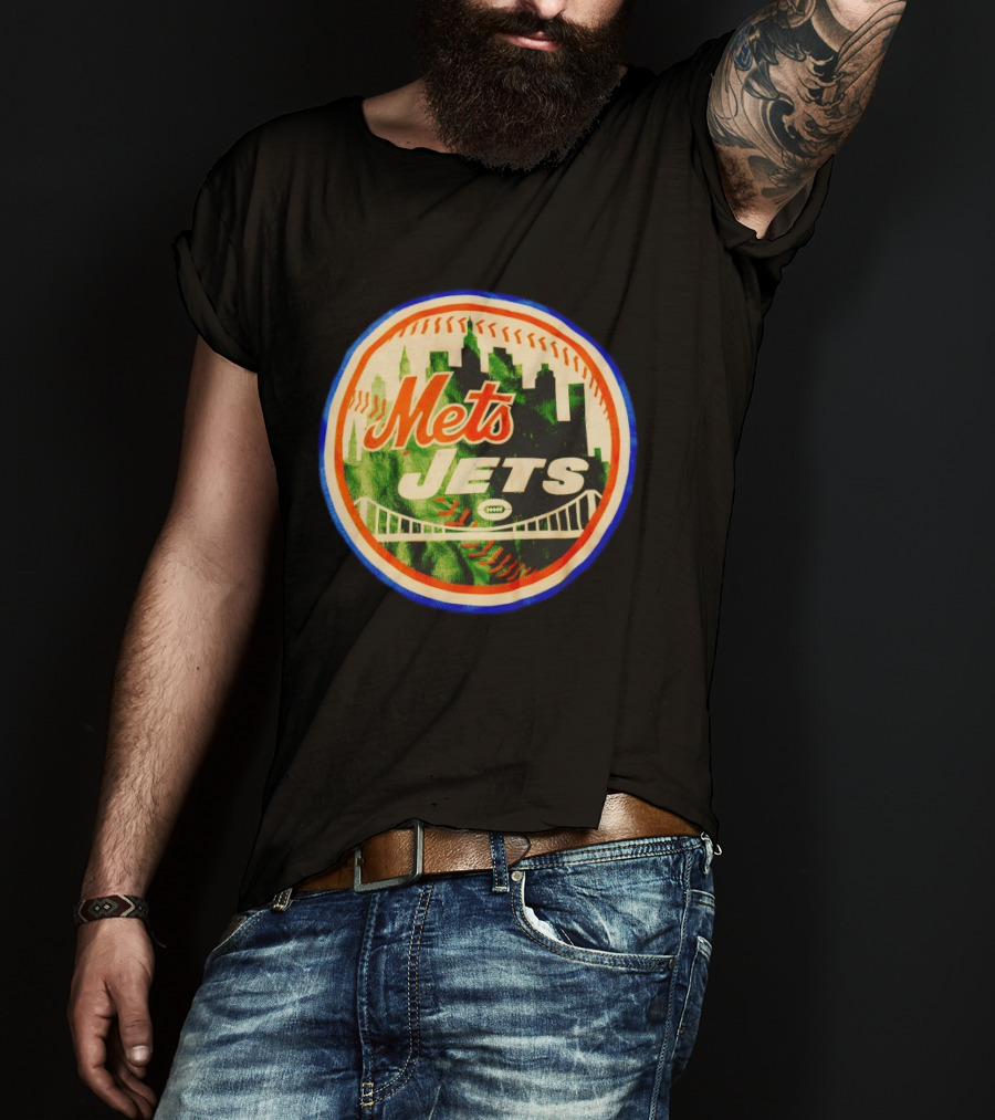 New York Mets Jets Football Baseball Crossover Skyline Bridge T-Shirt