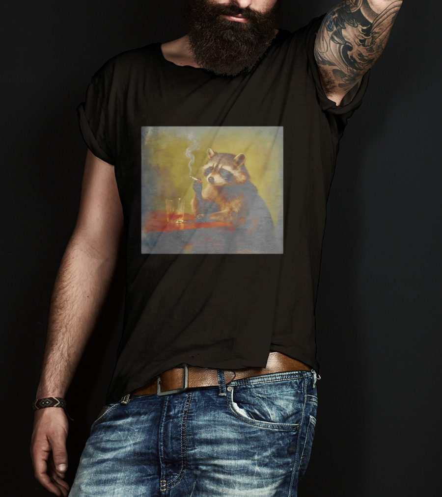 Sad Raccoon Smoking Cigarette And Drinking Whiskey Scene T-Shirt