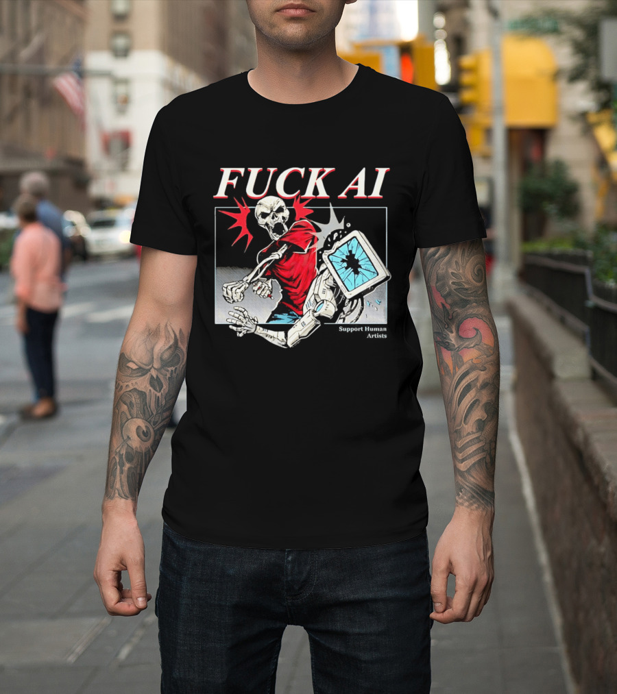 Skeleton Punch Robot Fuck AI Support Human Artists T-Shirt