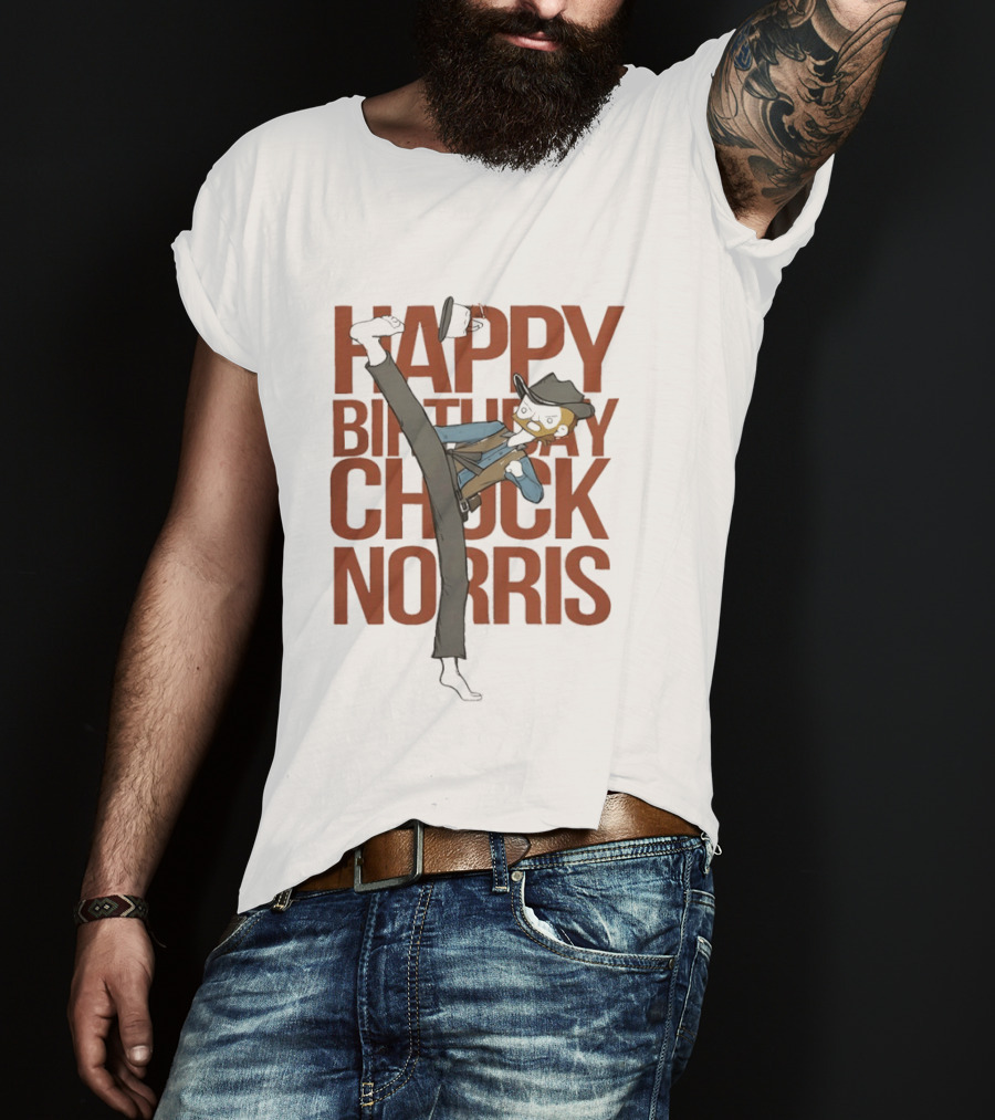 Happy Birthday Chuck Norris 2026 Cowboy Cartoon Kick T-Shirt