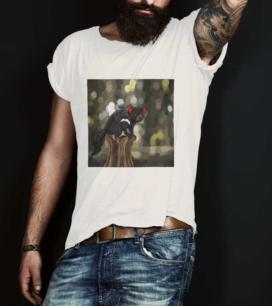 Tasmanian Devil With Machine Gun Cartoon On Tree Stump T-Shirt