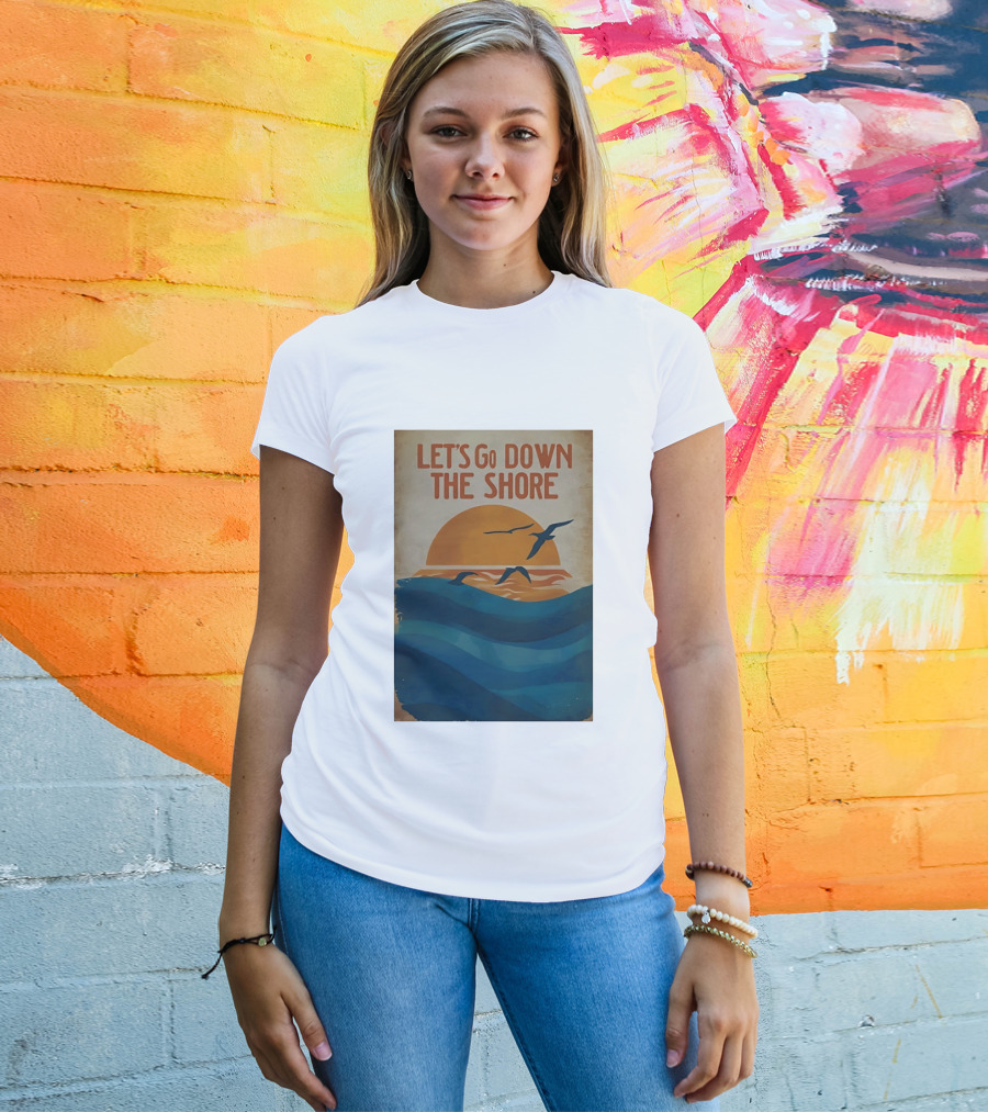 Let's Go Down The Shore Seaside Sunset Ocean Waves And Seagulls T-Shirt