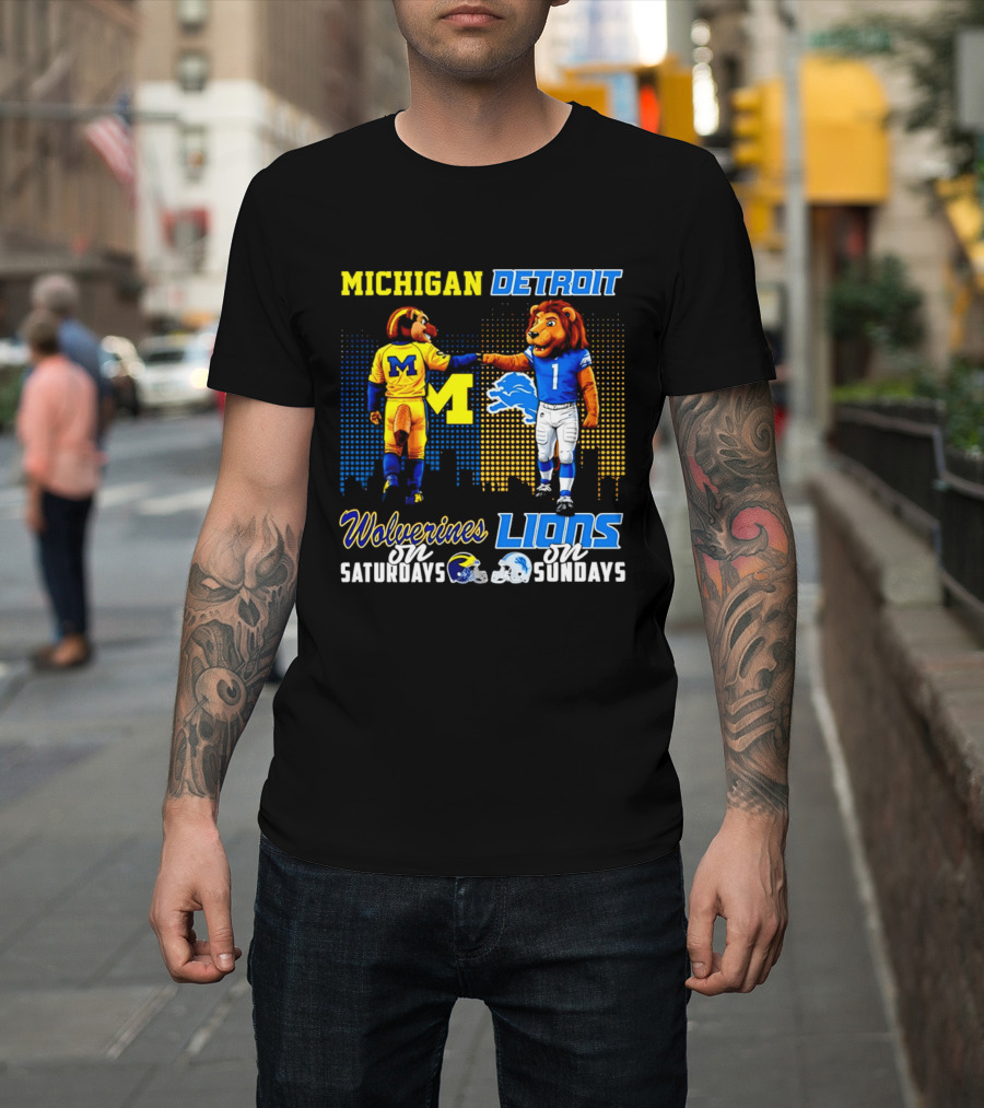 Michigan Wolverines Saturdays Detroit Lions Sundays Skyline T-Shirt