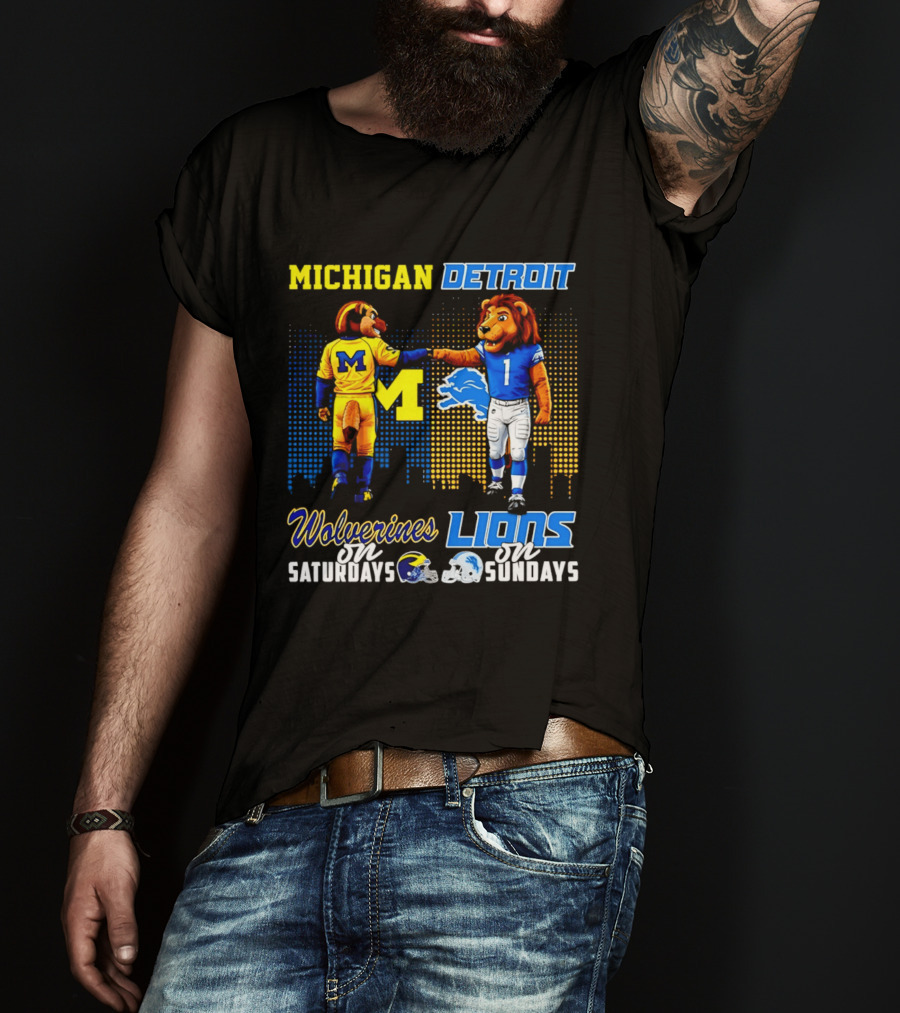 Michigan Wolverines Saturdays Detroit Lions Sundays Skyline T-Shirt