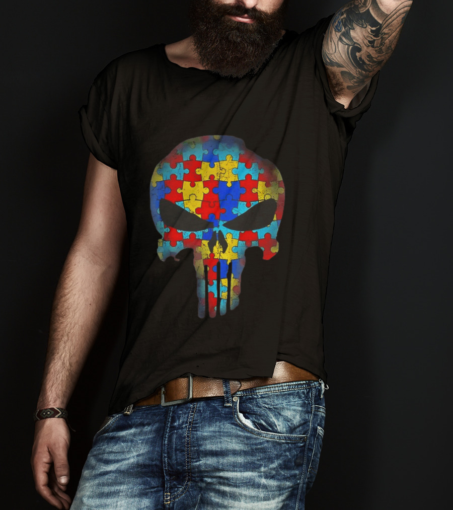 Skull Autism Awareness Puzzle Piece Professional T-Shirt
