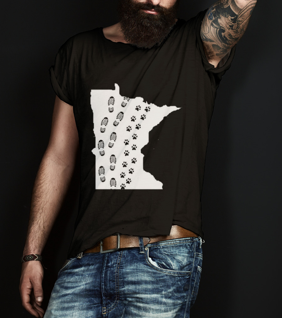 Minnesota Map Footprints And Paw Prints Outdoor Adventure T-Shirt