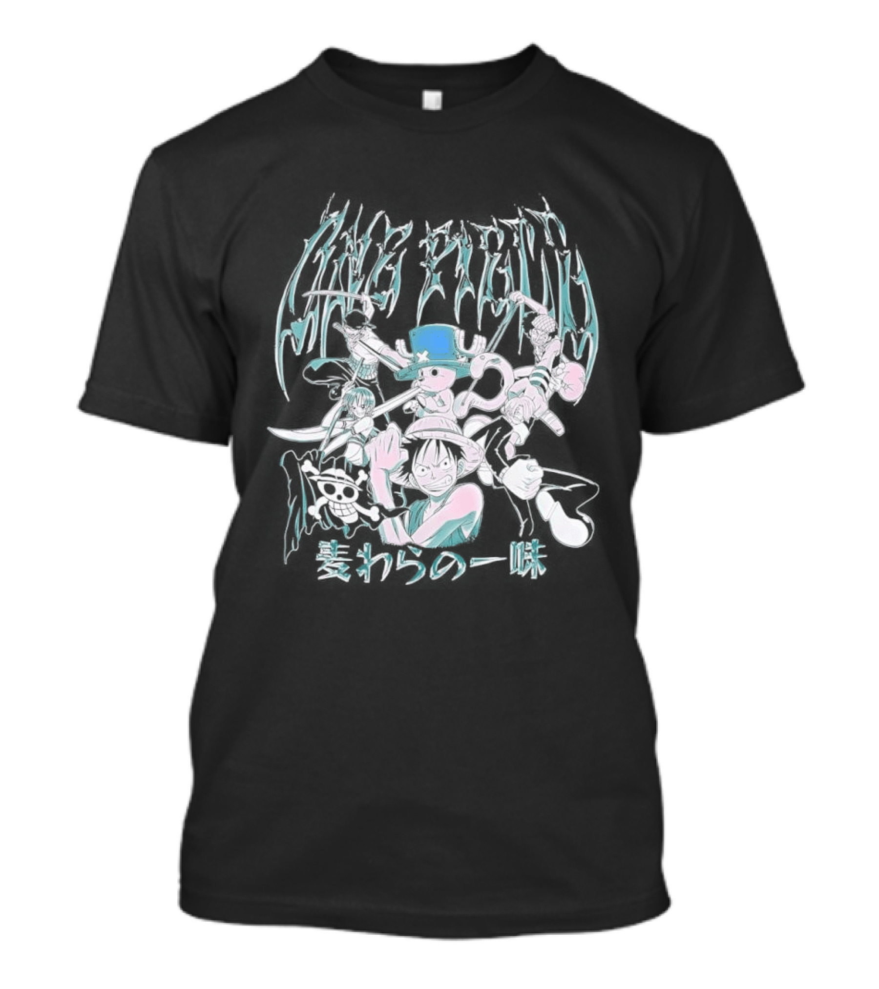 One Piece Group Chrome Luffy Zoro Nami Sanji Chopper Tony Tony Pirate Crew Manga Anime Style Kanji T-Shirt