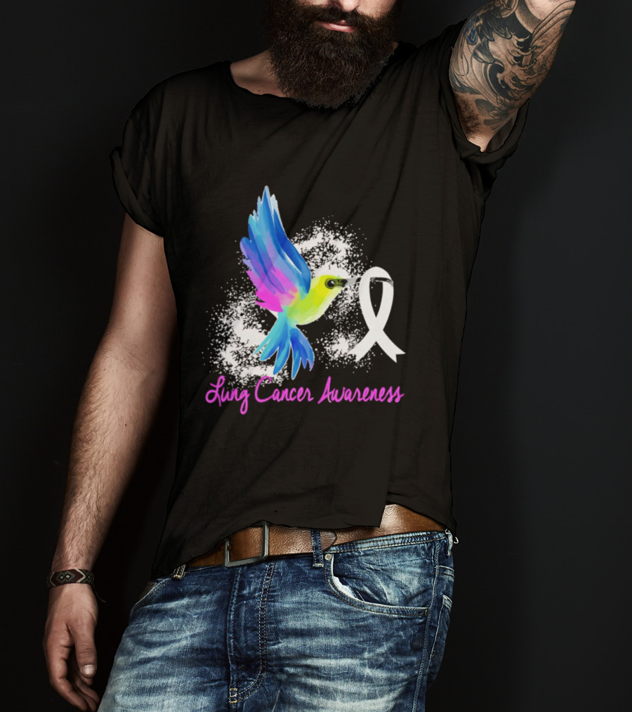 Lung Cancer Awareness Hummingbird With White Ribbon T-Shirt
