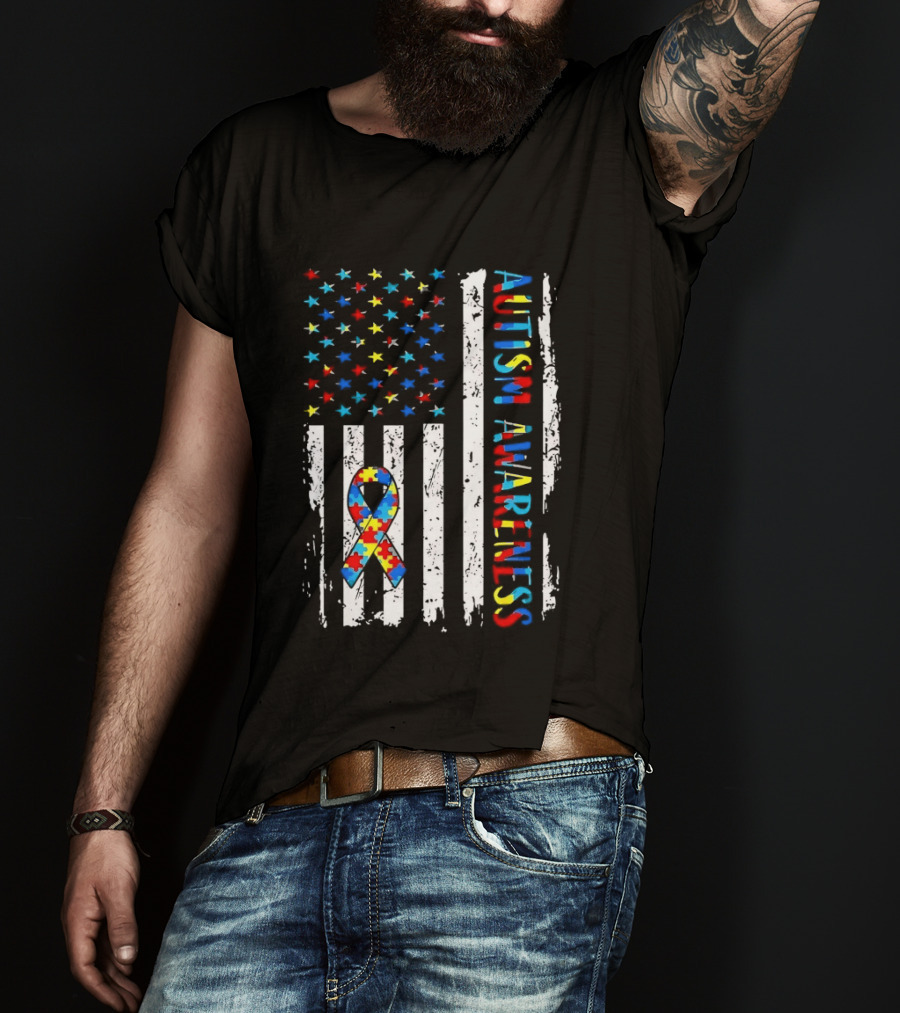 USA Flag Autism Awareness Ribbon Puzzle Pieces T-Shirt