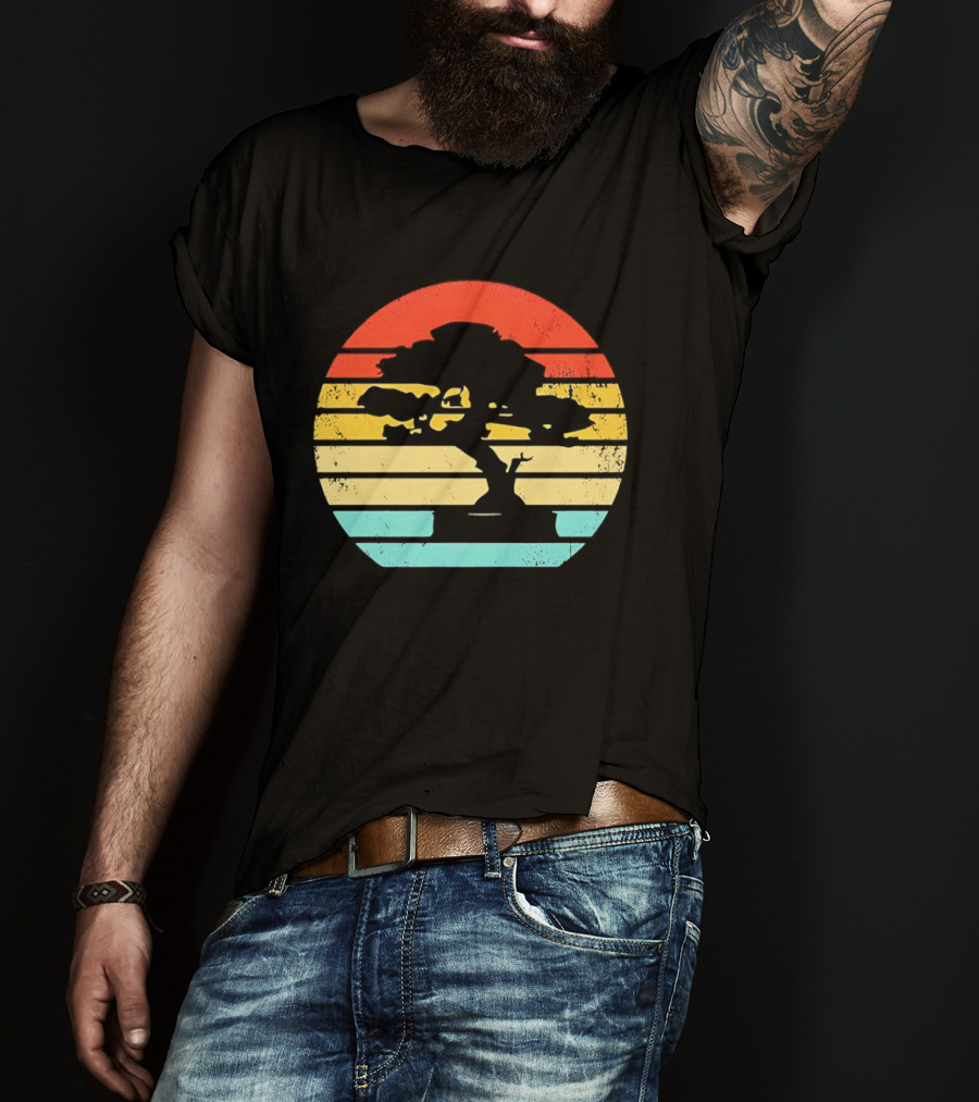 Bonsai Tree Silhouette Japan Retro Sunset T-Shirt