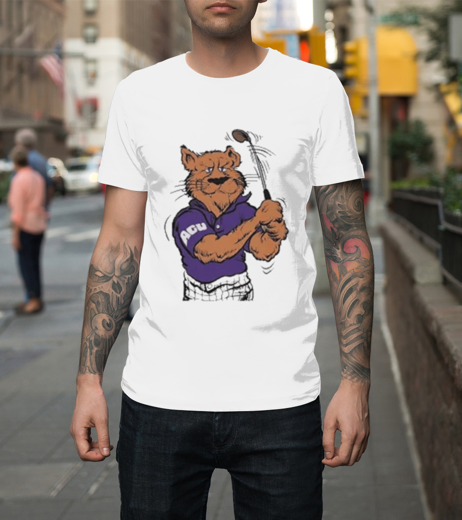 ACU Golf Puma In Purple Polo Swinging A Club T-Shirt