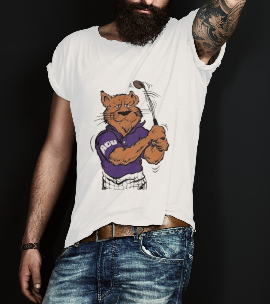 ACU Golf Puma In Purple Polo Swinging A Club T-Shirt
